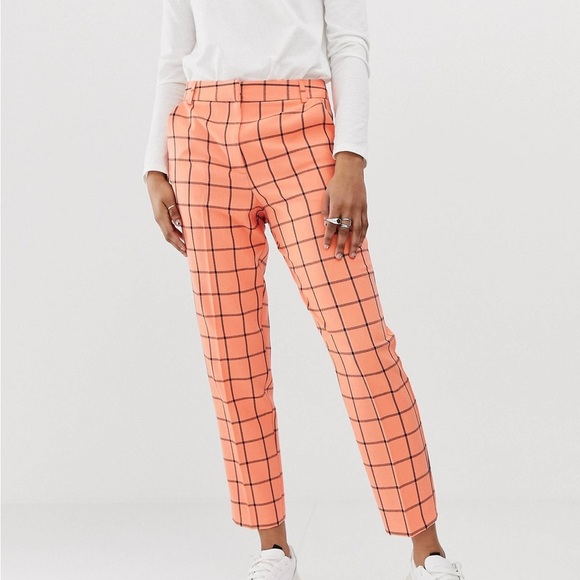 ASOS Design orange ultimate fluro check slim cigarette ankle length pants Sz 4 - Picture 1 of 8